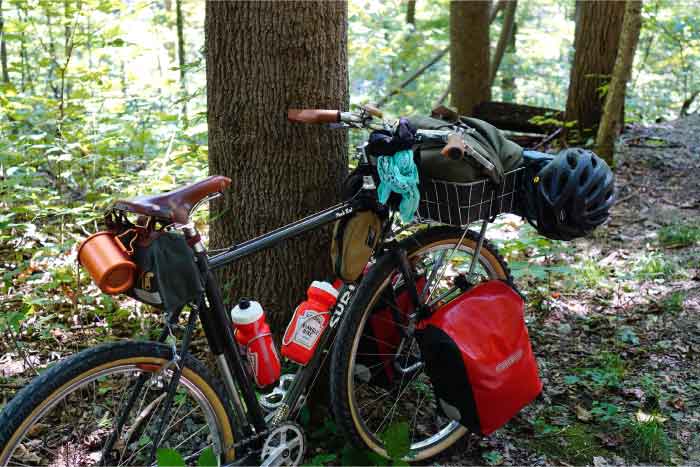 Right side angle view of Surly Pack Rat bike loaded with gear, leaning on a tree in the woods