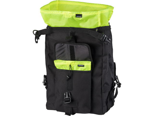 A Surly Petite Porteur House bag, black outside and lime green inside