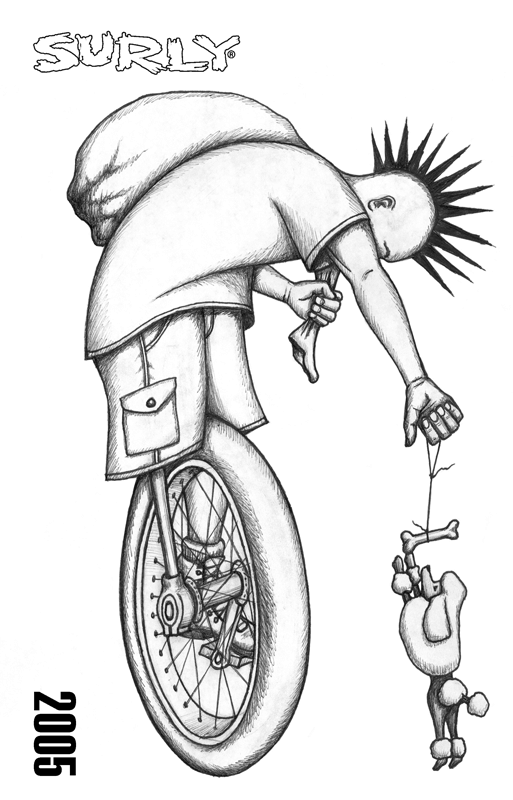 Surly Bikes 2005 catalog cover - animated pencil drawing of a unicycle person with spiked hair - black & white