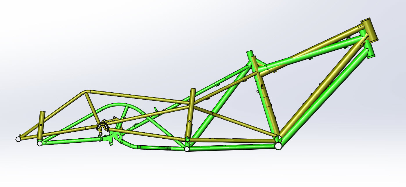 CAD illustration of a Surly Bike Fat Dummy bike frame and Kawi bike frame - overlays - right profile