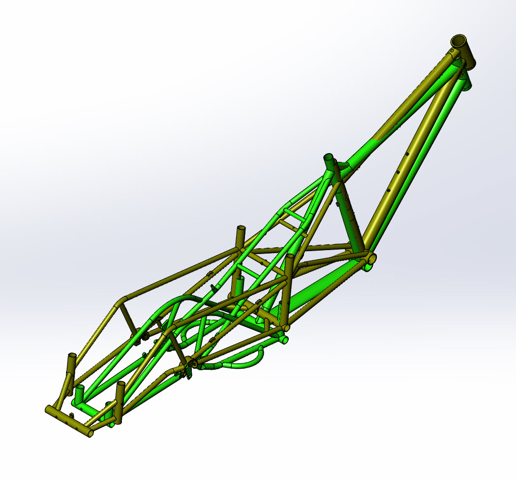 CAD illustration of a Surly Bike Fat Dummy bike frame and Kawi bike frame - overlays - rear right side angle view