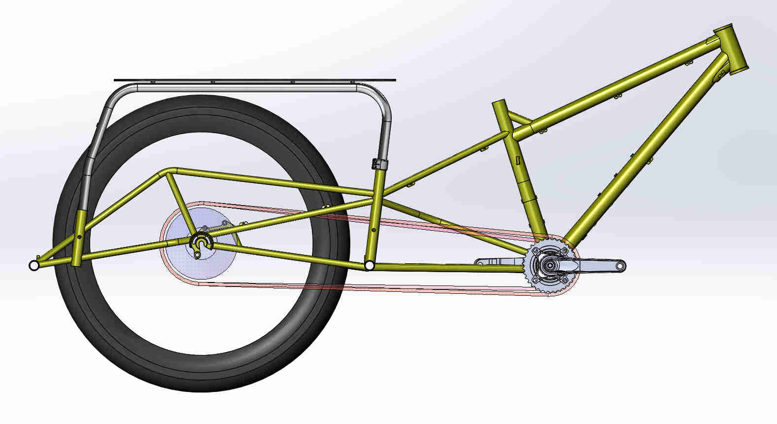 CAD illustration of a Surly Bike Fat Dummy bike frame, drive train, rear wheel and rear rack-assembly- right side view