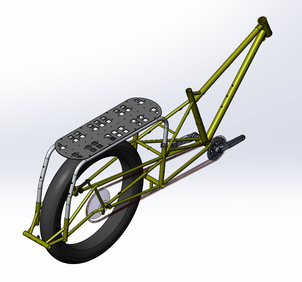 CAD illustration of a Surly Bike Fat Dummy bike frame, drive train, rear wheel and rack-assembly- right rear angled view