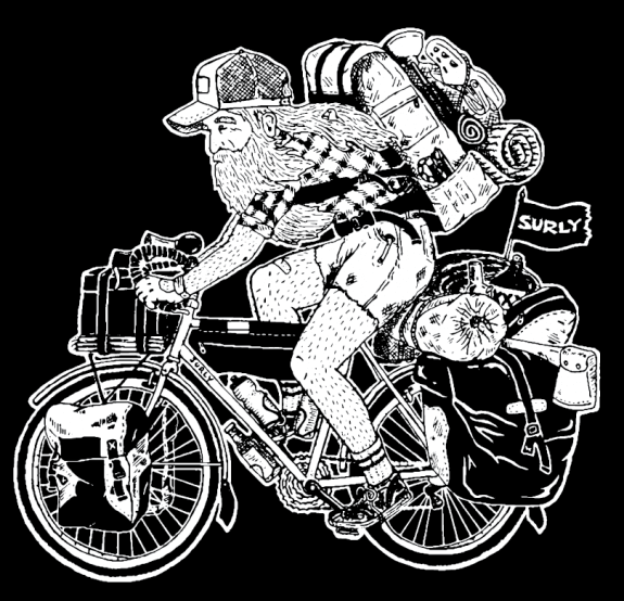 Black & white, animated graphic, showing the right side of a cyclist riding a Surly bike loaded with gear
