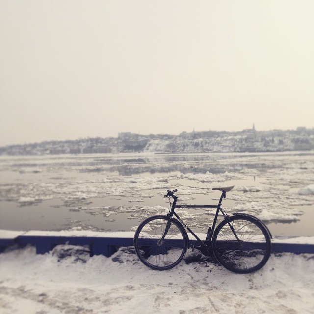 Left side view of a Surly Steamroller bike, parked on snow against a short wall, with icy waters behind