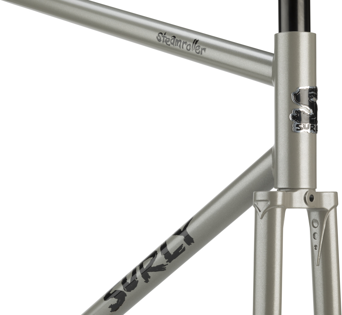 Partial front view of a Surly Steamroller bike frame and fork - Ministry Gray color