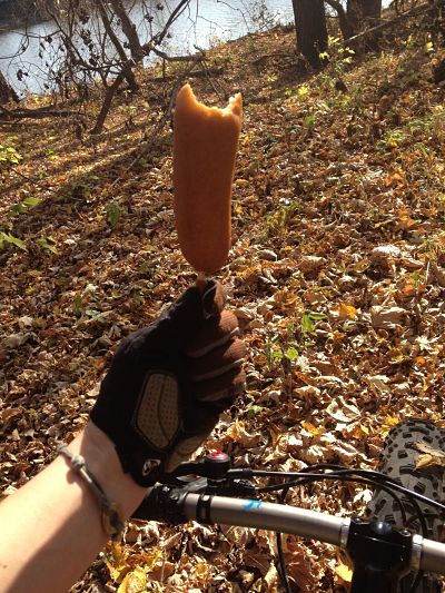 Downward, cropped, front view of a hand holding a corndog, while standing over a fat bike, in the fall season