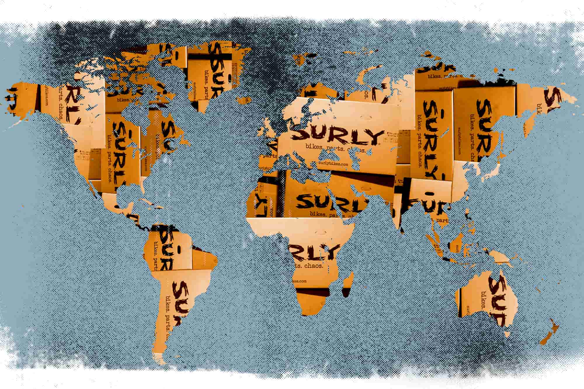 World map illustration with gradient orange Surly banner cut outs with the words bikes. parts. chaos. over continents