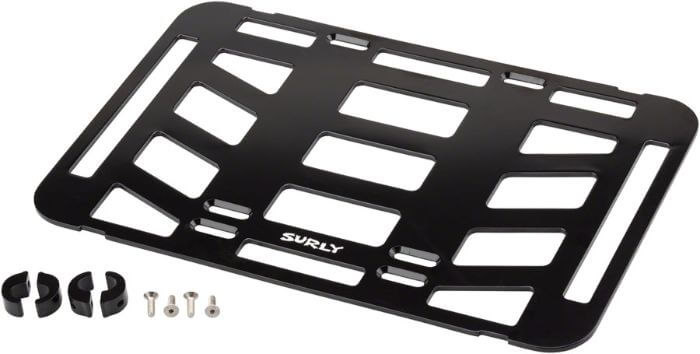 Black Surly TV Tray front bike rack with assembly parts laying on a white background