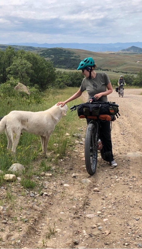 Cyclist on the side of a gravel road in grassy hills, petting a dog, while another rider pedals up a hill behind