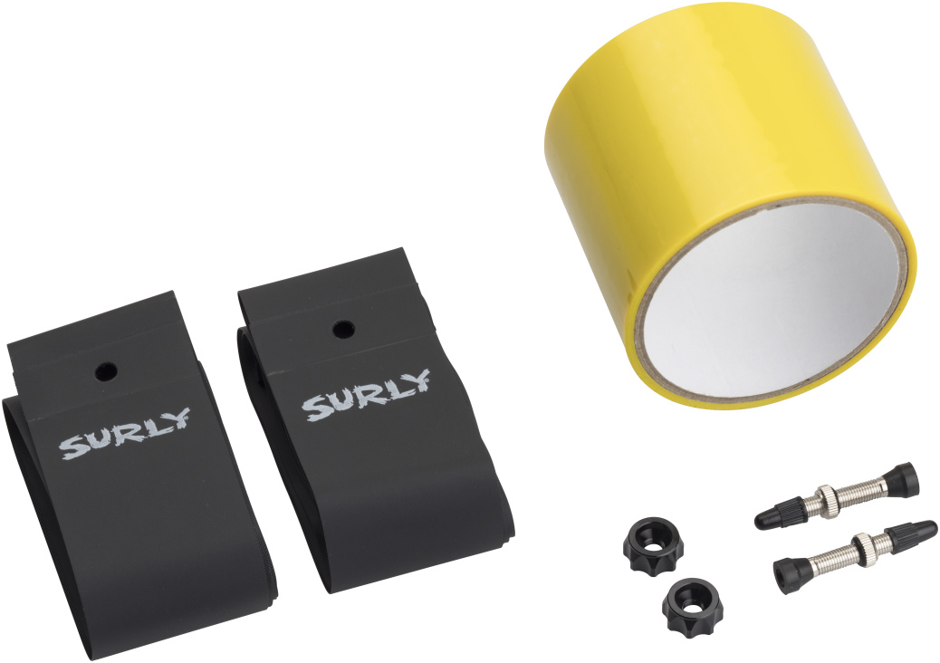 Surly tubeless tire kit - Rim Strips, Whisky tubeless tape roll, Tubeless valves and Problem Solvers (tm) Super P-Nuts
