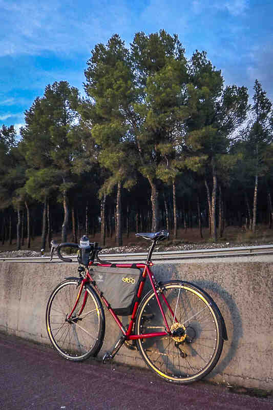 Left side view of a red Surly Pacer bike, leaning on a concrete highway divider, with trees in the background