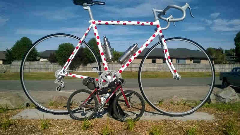 Right side view of Surly bike, red, loaded with gear, parked in front of a large, polka dot framed bike art sculpture