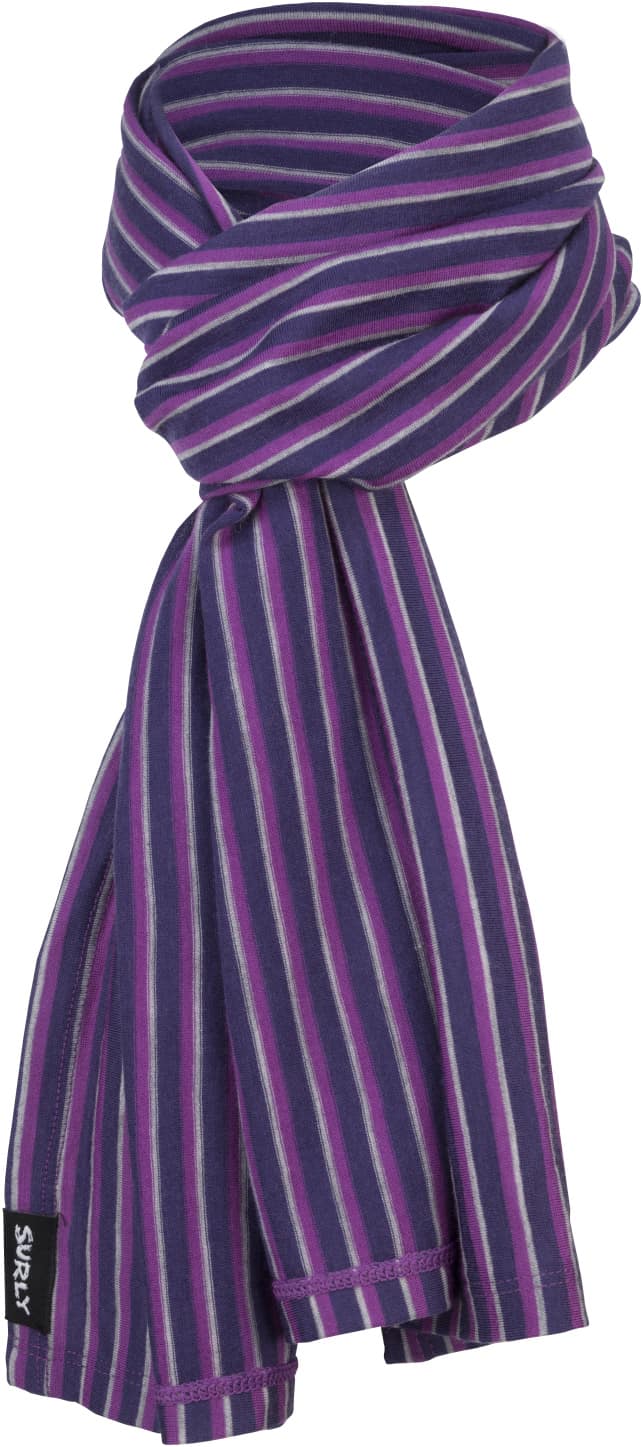 Surly wool scarf - Dark blue, Gray and Purple parallel stripes - Front View