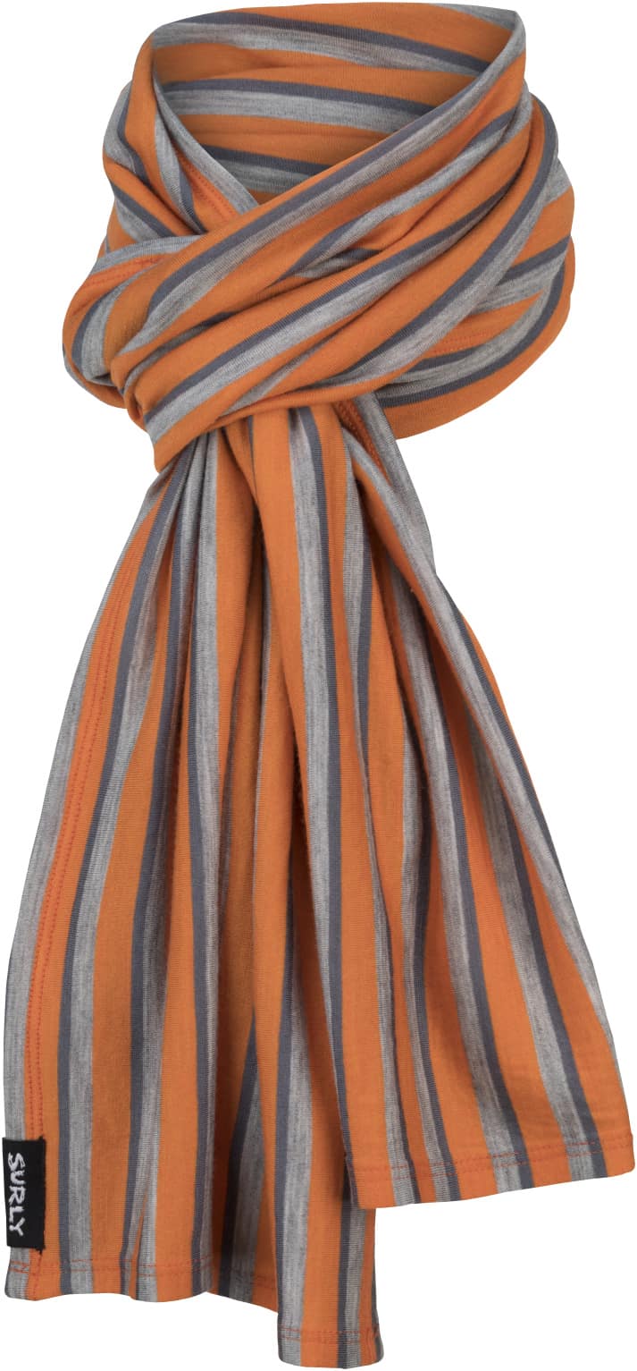 Surly wool scarf - Orange, Light Gray and blue parallel stripes - Front View
