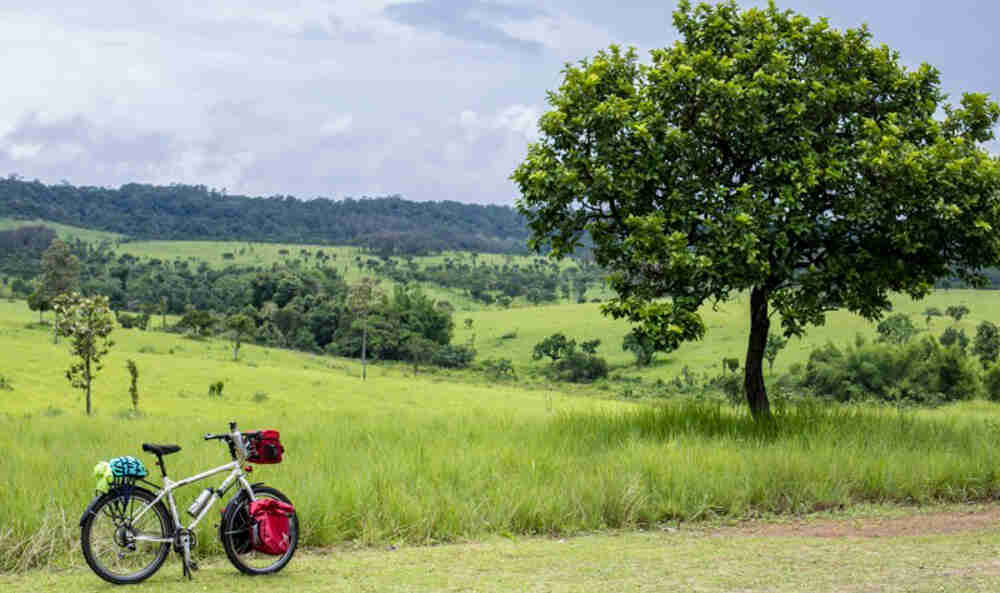 Right side view of a bike, loaded with gear bags, parked on a hilly grass field with trees