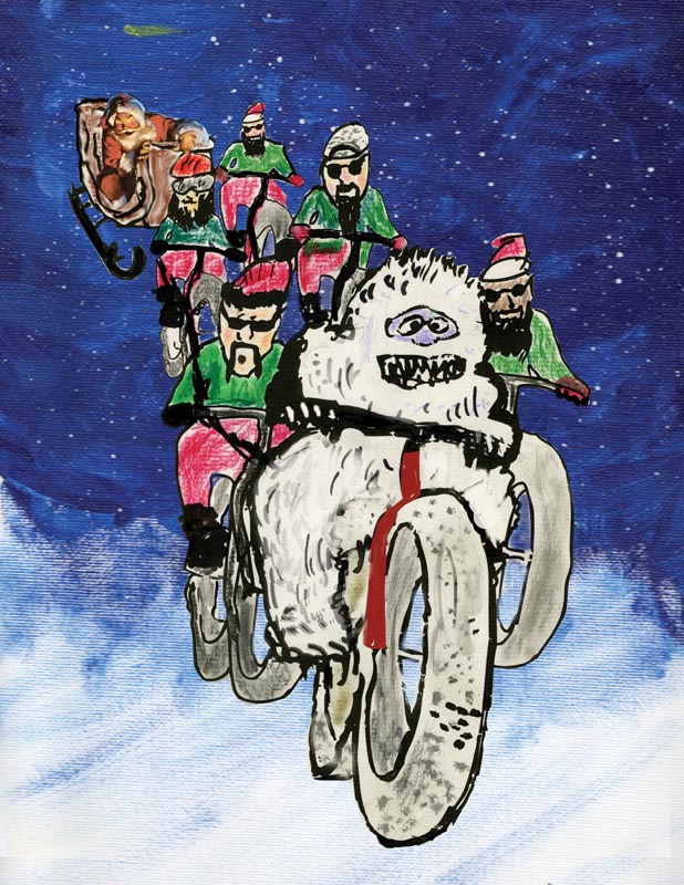 A marker drawn illustration of an abominable snowman, riding a fat bike through the sky, with elves and Santa behind  