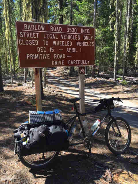 Right side view of a Surly Big Dummy bike, in front of a park sign, in a forest, with a gravel road in the background