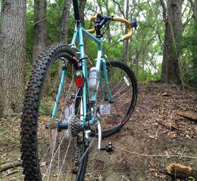 Rear view of a turquoise Surly Cross Check bike, parked on a dirt trail in the woods