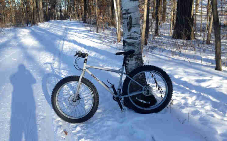 Left side view of a silver Surly Pugsley fat bike parked on the side of a snow covered road in the woods