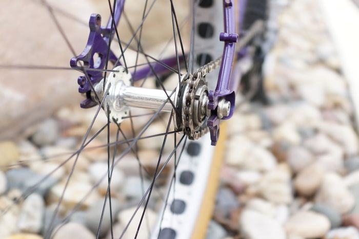 Close up of a fat bike wheel hub with free wheel sprocket and chain mounted to a purple Surly Pugsley fat bike