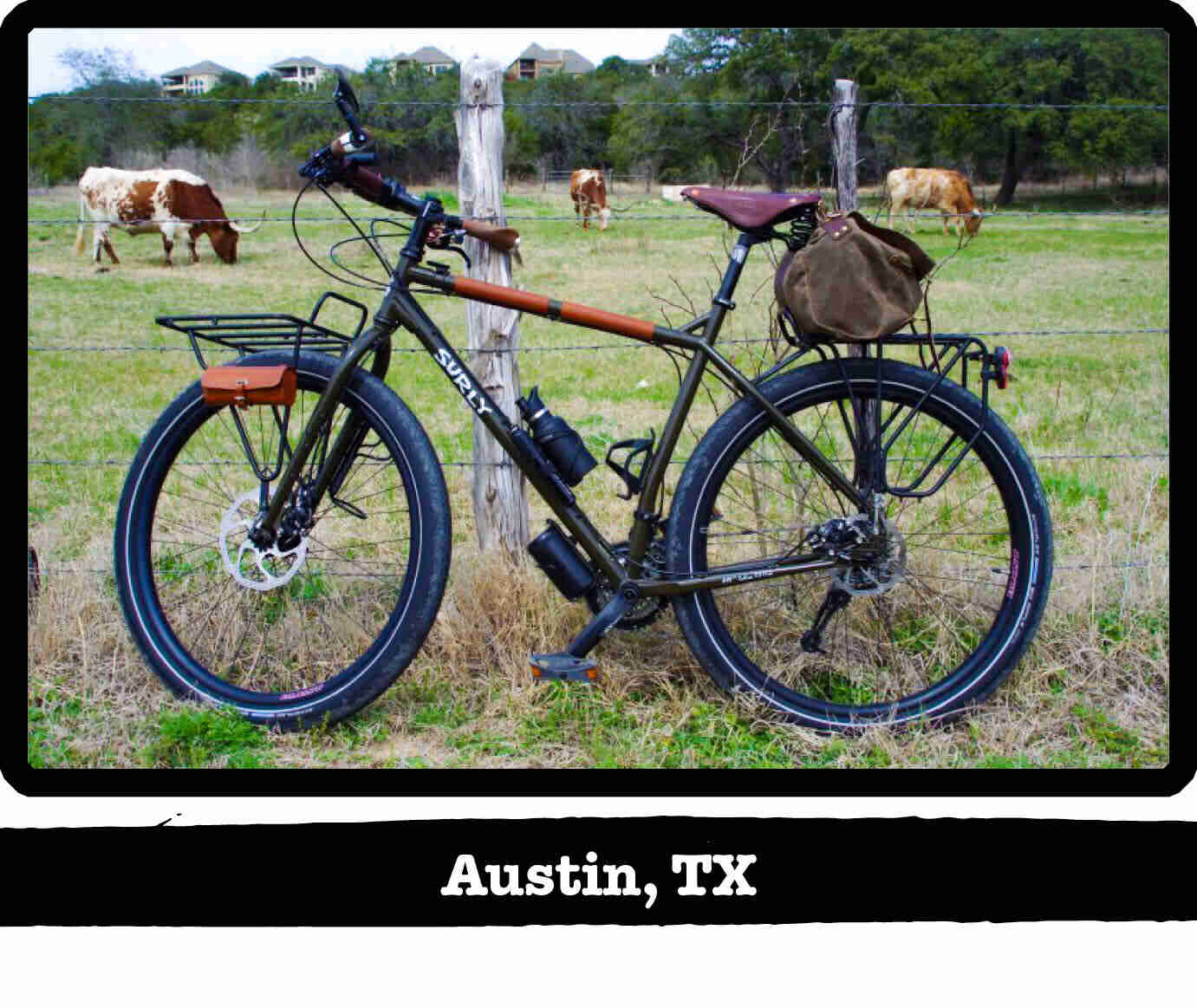 Left view of a Surly ECR bike, olive drab, against a fence with longhorns on a pasture - Austin, TX tag below image