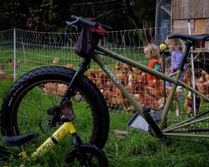 Left side view of a Surly Big Fat Dummy bike, in front of a chicken pen, with children inside
