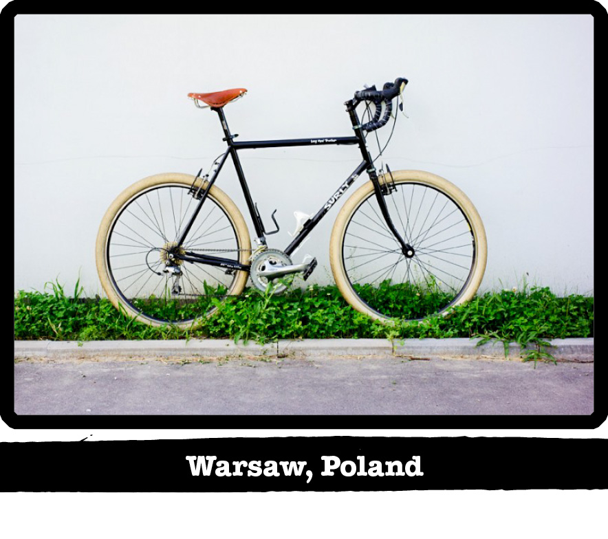 Right side view of a black Surly Long Haul Trucker bike standing in weeds - Warsaw, Poland banner below image