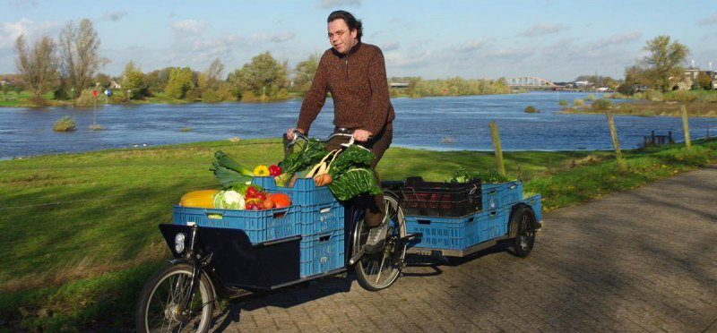 A cyclist riding down a brick path along a river, on a 3 wheel bike pulling a trailer full of vegetables