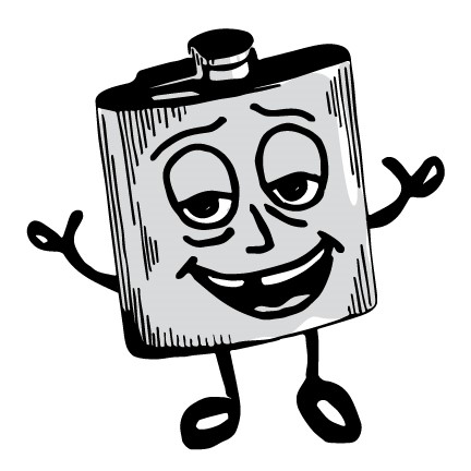 An illustration of a whisky flask with a face, arms and legs