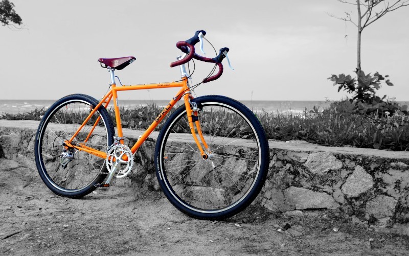 Right side view of an orange Surly Cross Check bike, parked against a short stone wall with the ocean in the background