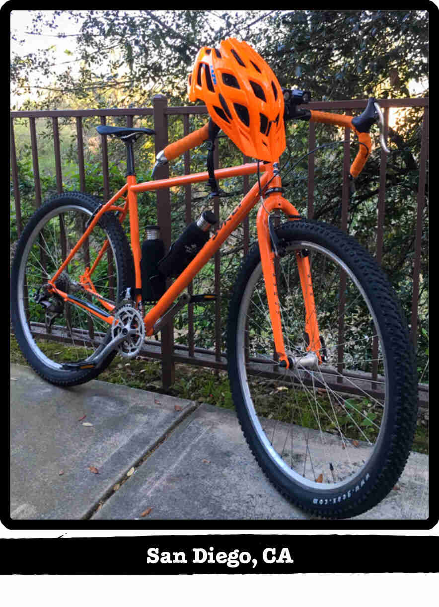 Right side view of a Surly Karate Monkey bike, orange, leaning on a metal rail - San Diego, CA tag below image