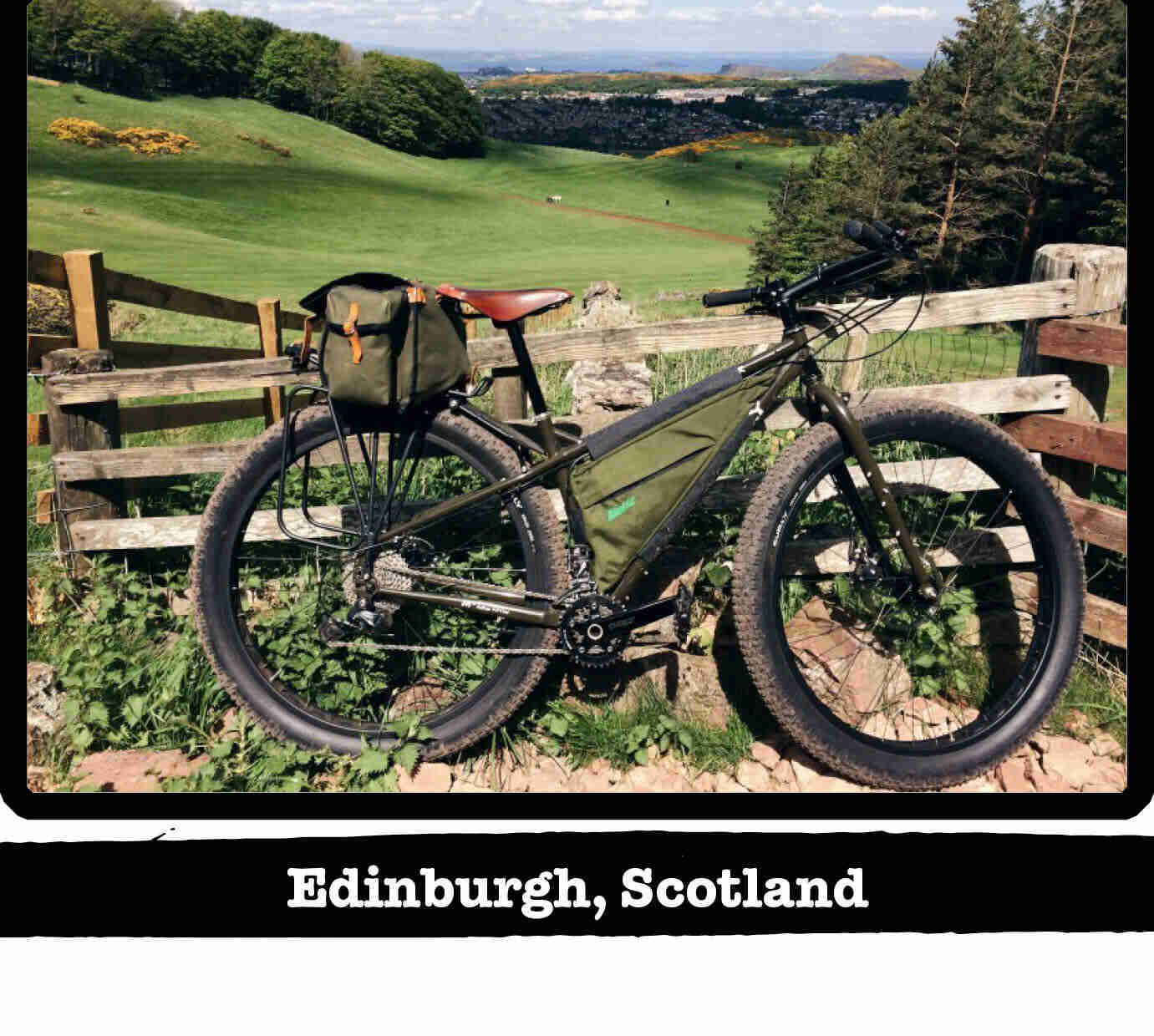 Right side view of Surly ECR bike, olive, against a wood fence - Edinburgh, Scotland tag below image