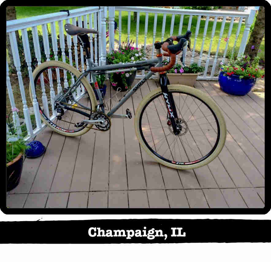 Right profile of a Surly Karate Monkey bike, gray, on a porch of a home - Champaign, IL tag below image