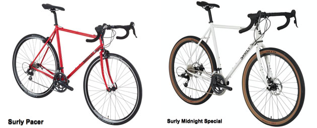 Front, right side view of a Surly Pacer bike next to a Surly Midnight Special bike, against a white background