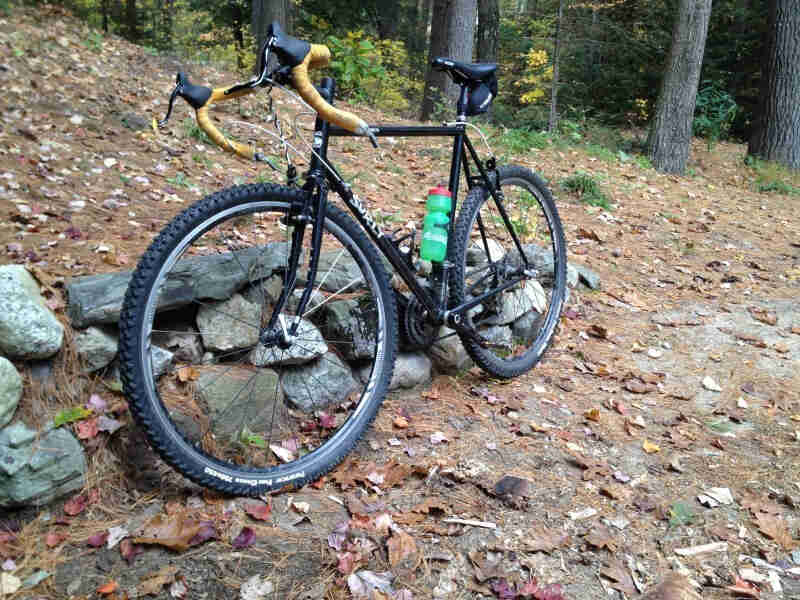 Front, left side view of a black Surly Cross Check bike, leaning on a short rock wall across a hill, with woods behind