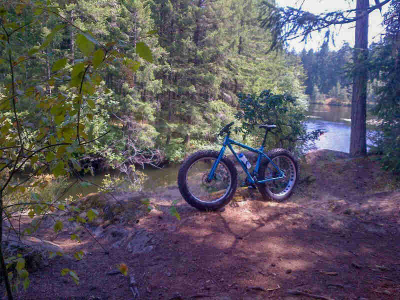 Left side view of a Surly Ice Cream Truck fat bike, blue, parked in dirt on a bank above a lake, with trees behind