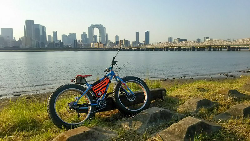 Right side view of a Surly Ice Cream Truck bike, parked on a grassy lakeshore, with a bridge and city in the background