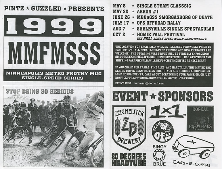 A 2 page spread from a 1998 Surly Bikes catalog, showing a black & white ad for the 1999 MMFMSSS bike race