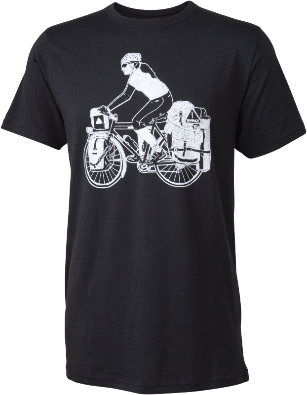 Surly t-shirt with a drawing of a cyclist on bike loaded with gear - men's - black - front view