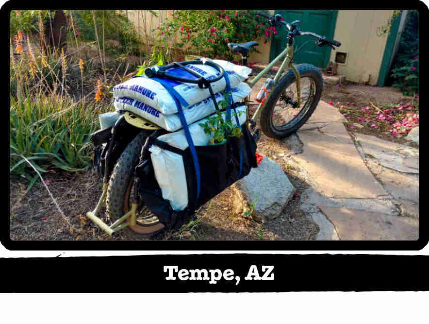 Rear view of a Surly Big Fat Dummy bike with bags of manure load on back, in front of a home - Tempe, AZ tag below image