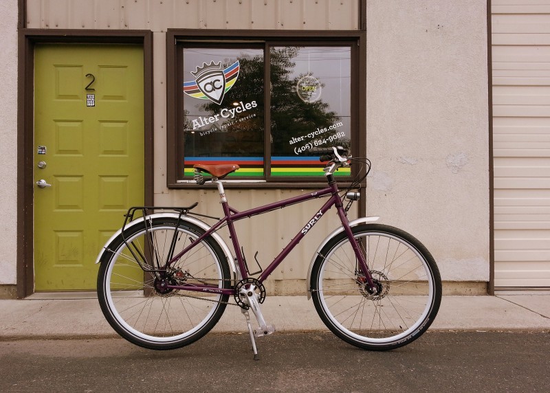 Right side view of a maroon Surly Troll bike, parked on pavement, outside of the Alter Cycles bike shop