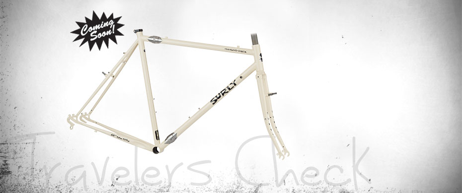 Surly Travelers Check bike frame - white - right side view - faded white background with a Coming Soon ad burst