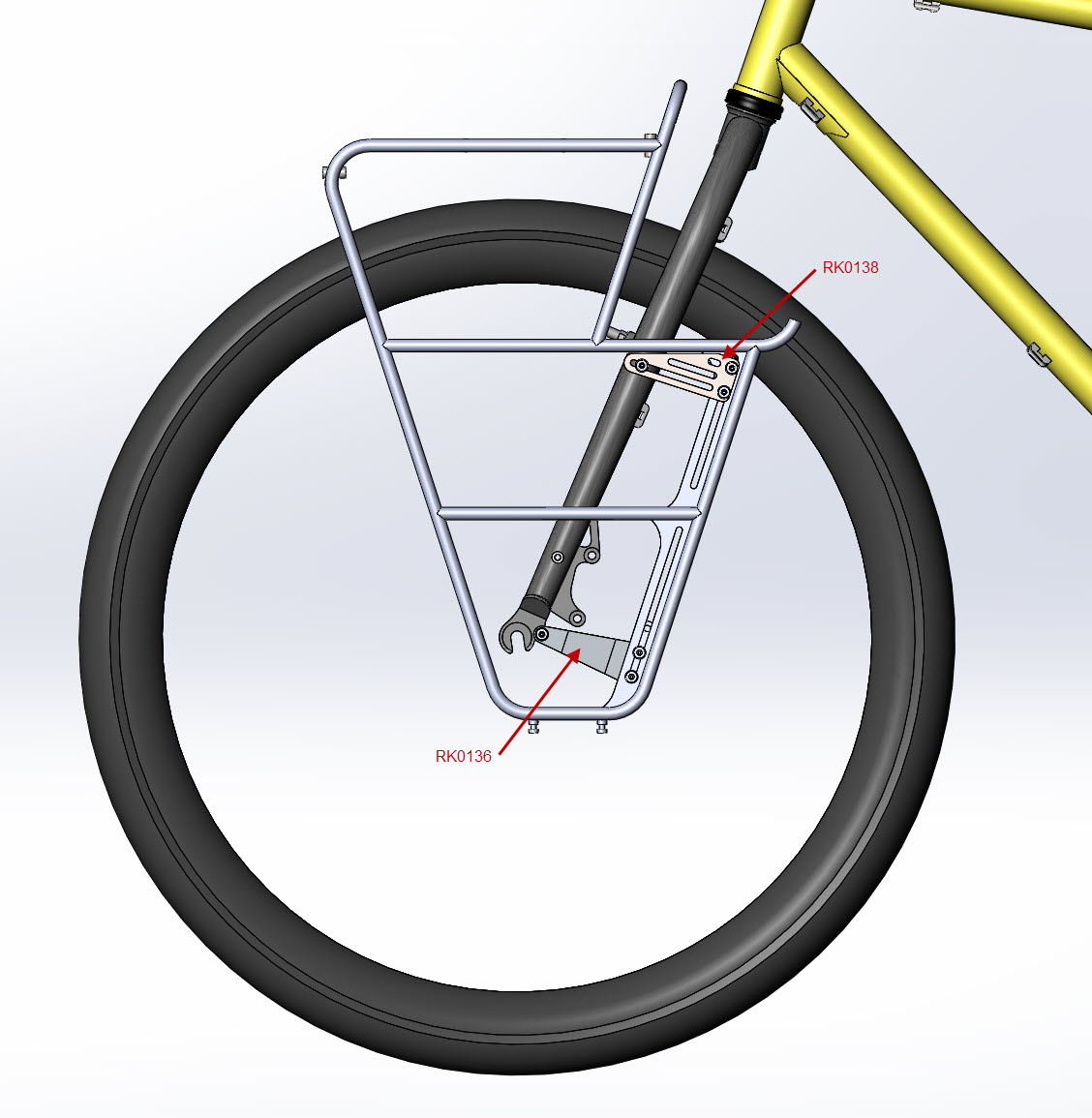CAD Illustration - Left side view of a Surly Front Rack, mounted - Plate A RK0136 and Plate C RK0138 detail