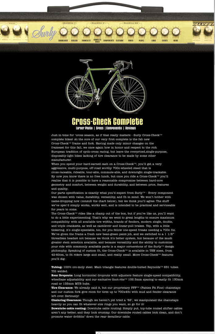A screenshot of the Surly Bikes website, designed with a speaker background, with a bike image, above a body of text