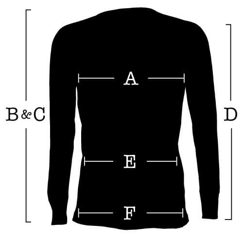 フーディは (A) 胸囲、(B) 前面長さ、(C) 背面長さ、(D) 袖、(E) ウエスト、(F) ヒップを測る