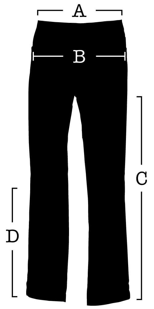 パンツは (A) ウエスト、(B) シート、(C) 股下、(D) 膝を測る