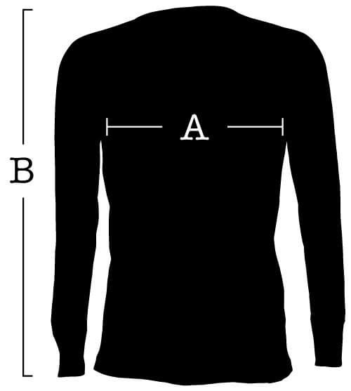 長袖 Tシャツは (A) 胸囲、(B) 袖を測る